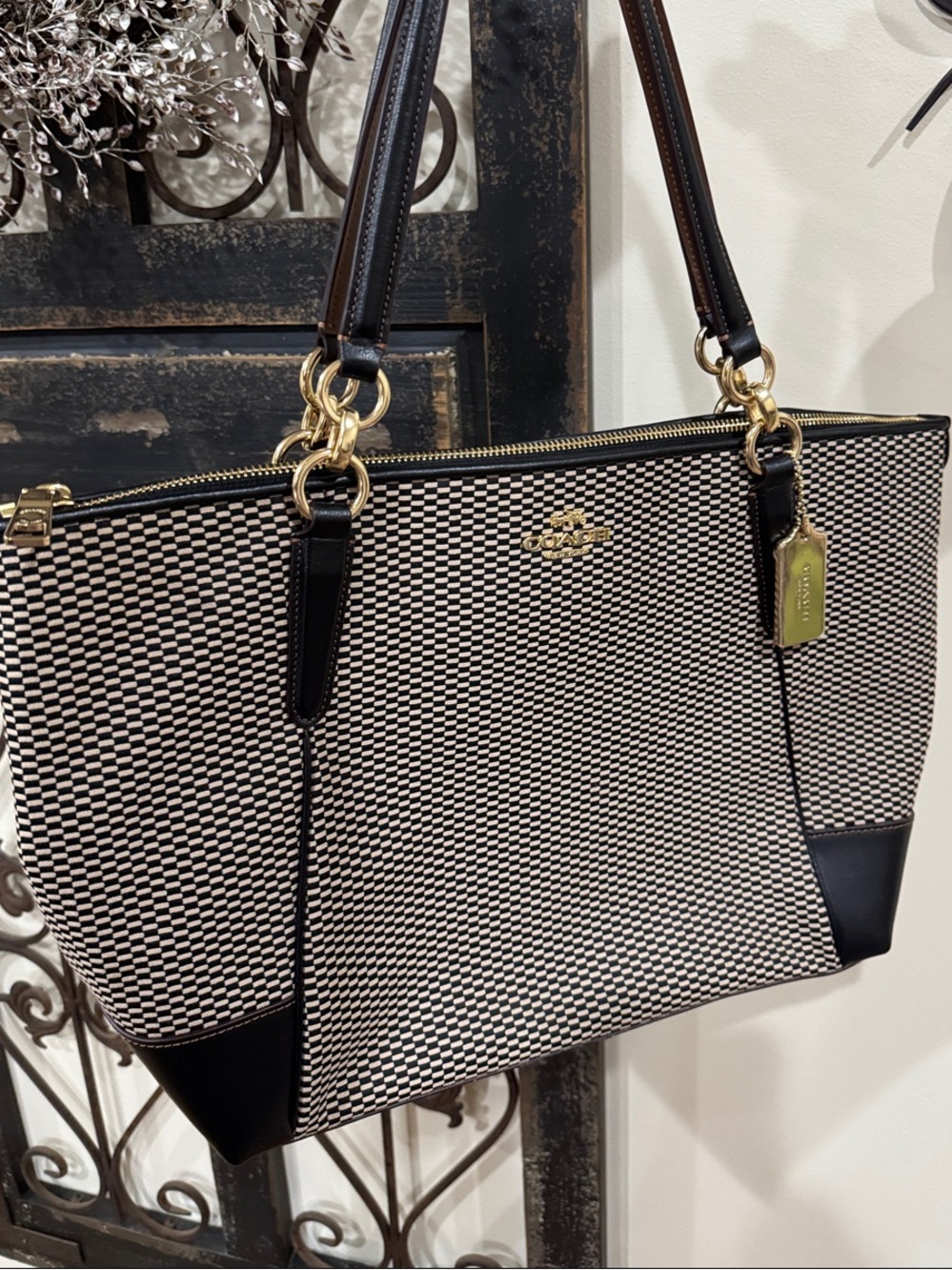 Coach Black and Tan Woven Tote with Gold Hardware